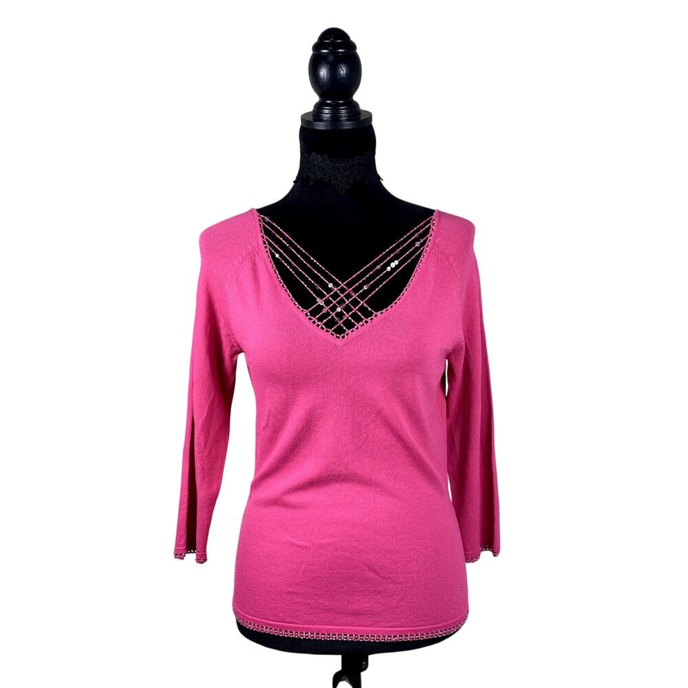 Vtg Y2k New York & Co Beaded Sequin Strappy Hot Pink Boho Whimsy Office Blouse M